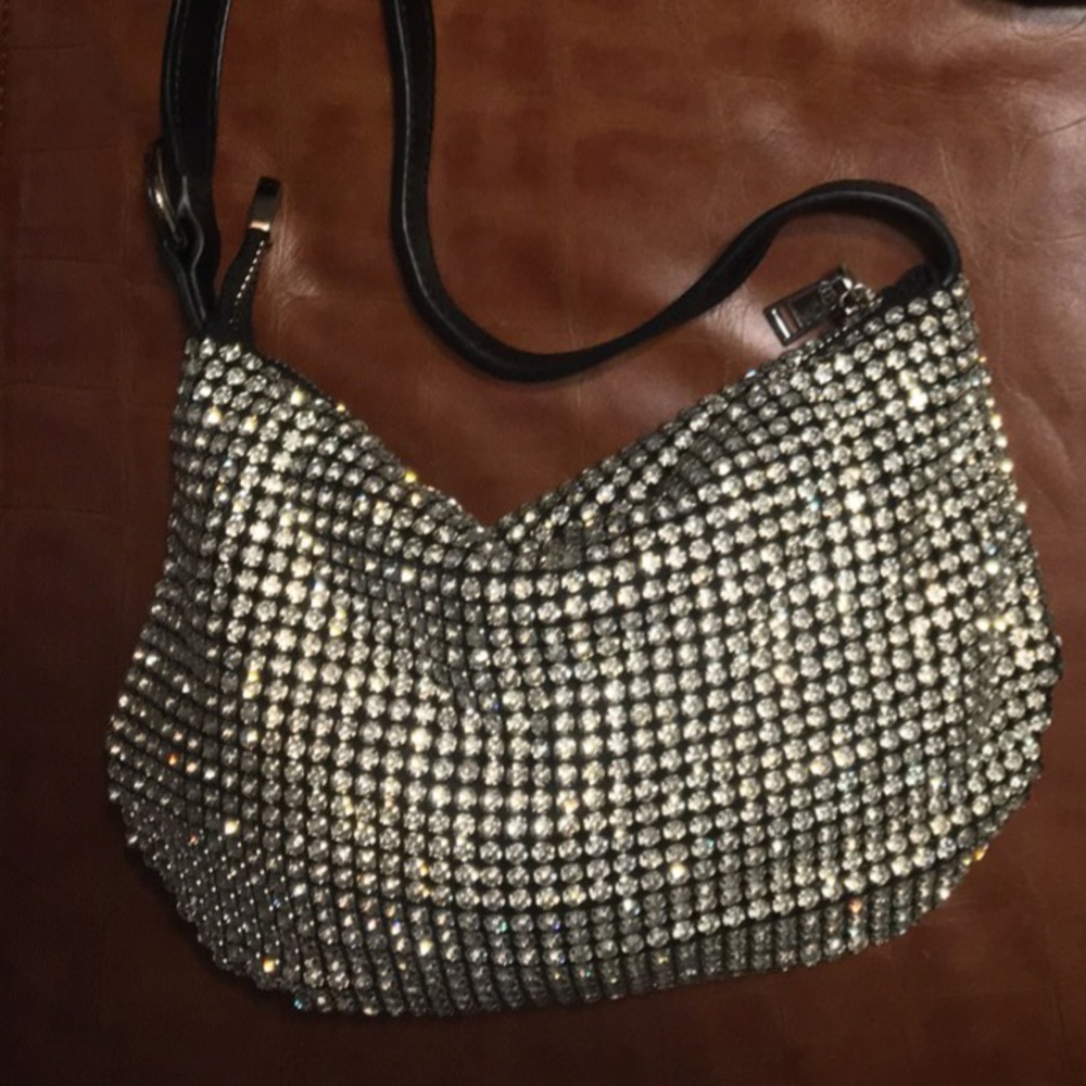 Faceted crystal Hobo with black leather strap . NWT